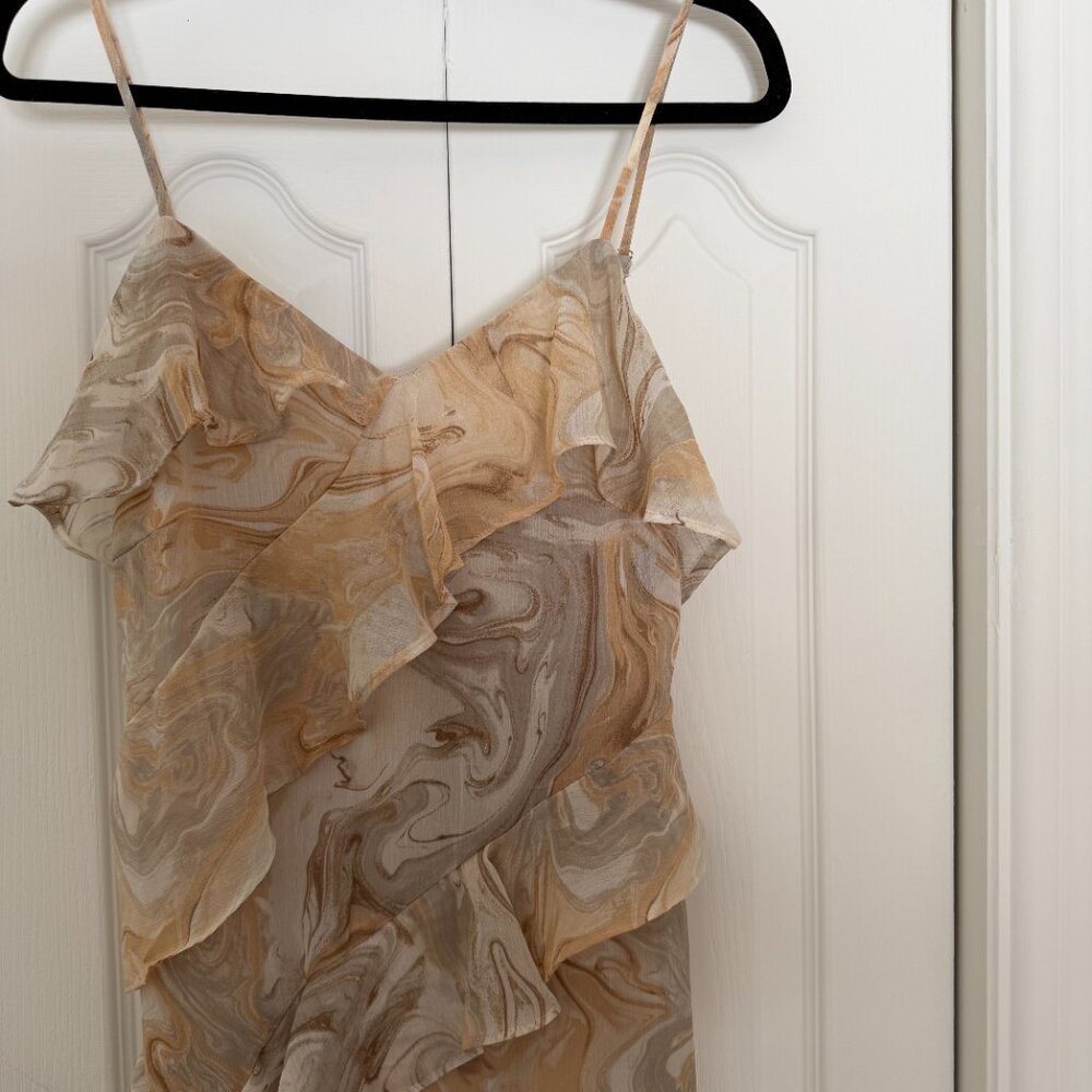 Beige Marble Print Ruffle Maxi Dress – Flowy Long Dress - Picture 3 of 6